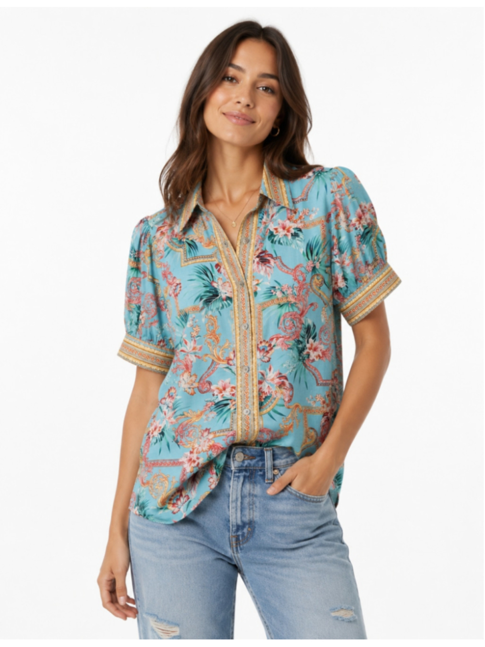 Robert Graham Women’s M Turquoise Floral Baroque Button Up Shirt Cotton Stretch